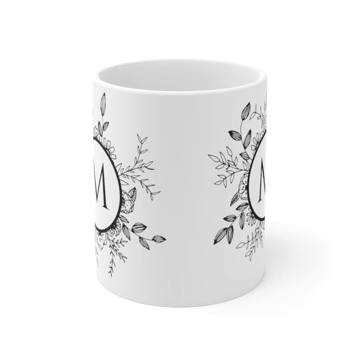 Personalized Black & White Initial Floral 11oz Mug
