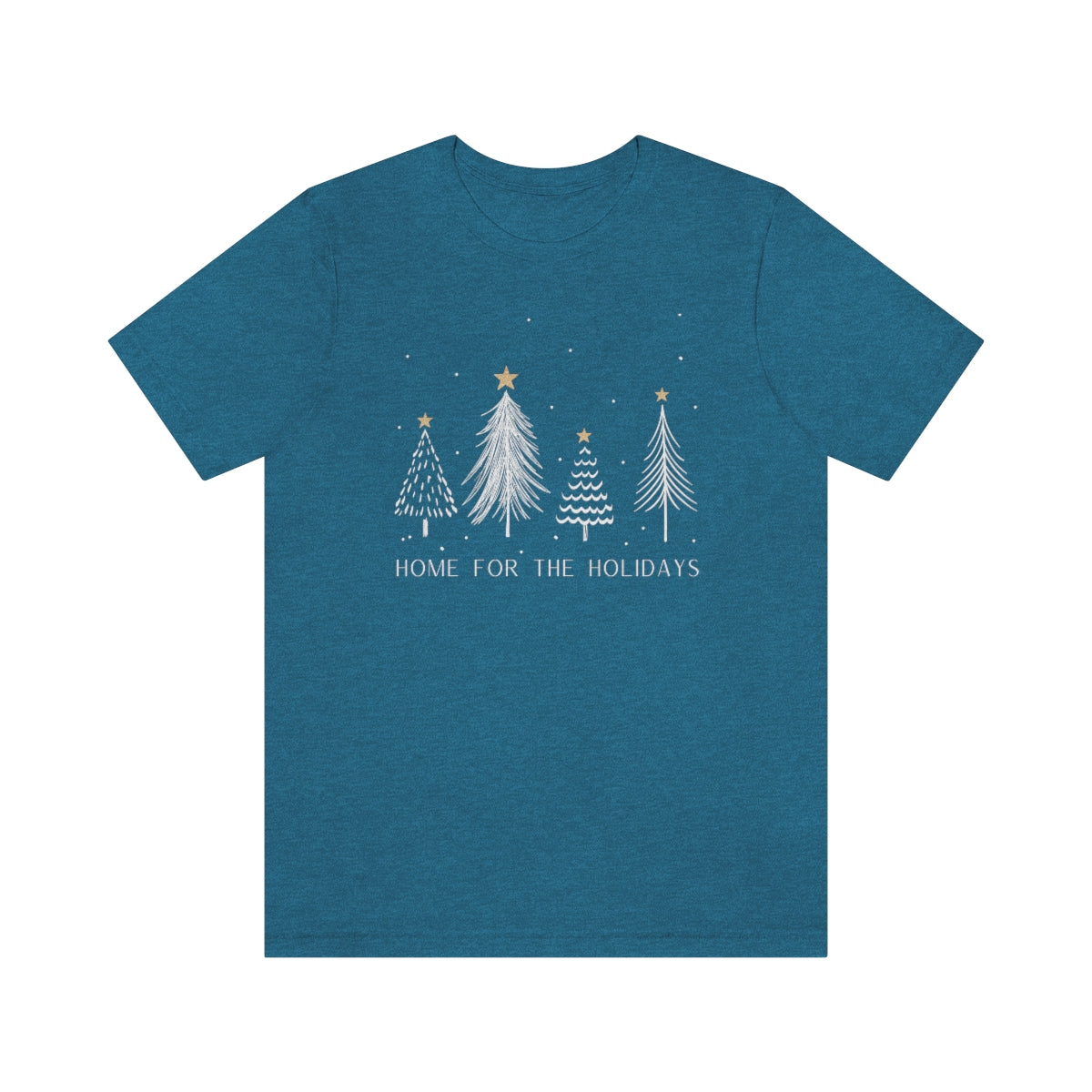Home For The Holidays Shirt, White Christmas Trees, Gold Stars, Snow