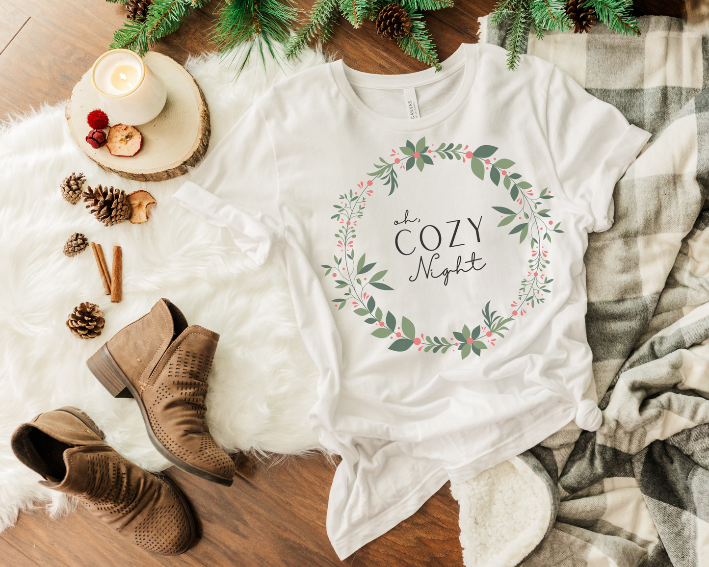 Oh, Cozy Night Christmas Shirt, Wreath Tee