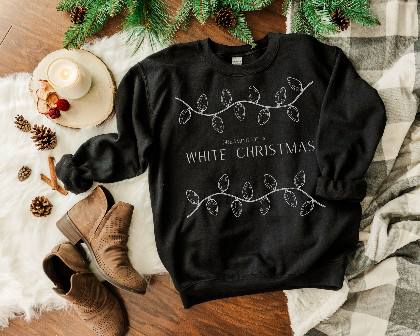 Dreaming of a White Christmas Sweatshirt, White String Lights