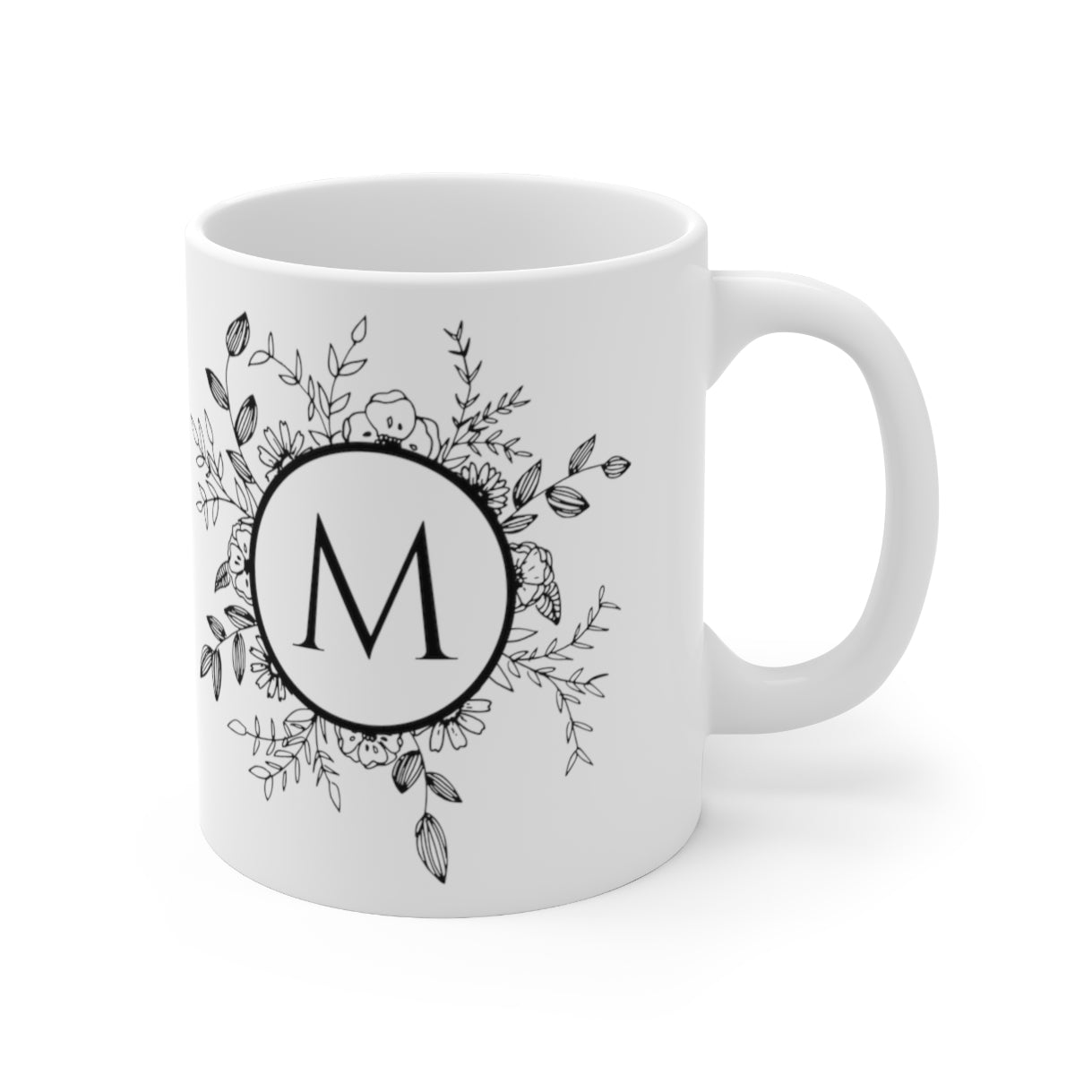 Personalized Black & White Initial Floral 11oz Mug