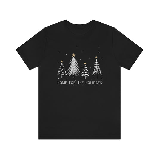 Home For The Holidays Shirt, White Christmas Trees, Gold Stars, Snow